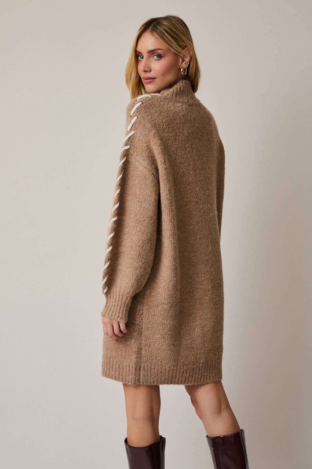 MOCK NECK LONG SLEEVE STITCH DETAIL SWEATER DRESS
