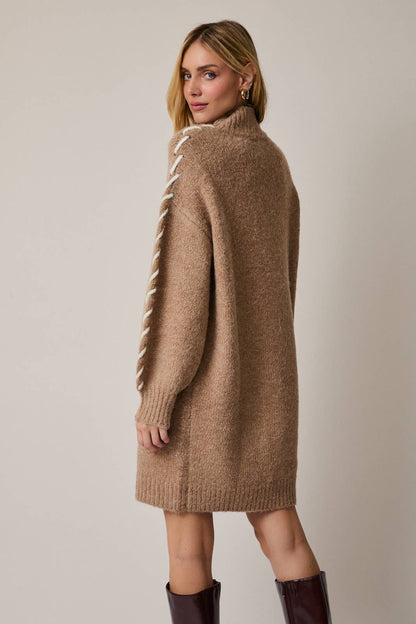 MOCK NECK LONG SLEEVE STITCH DETAIL SWEATER DRESS