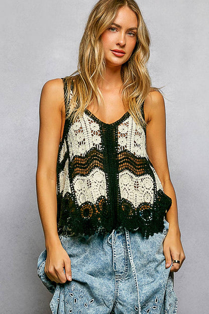 Border Weave Scalloped Crochet V-Neck Sleeveless Top