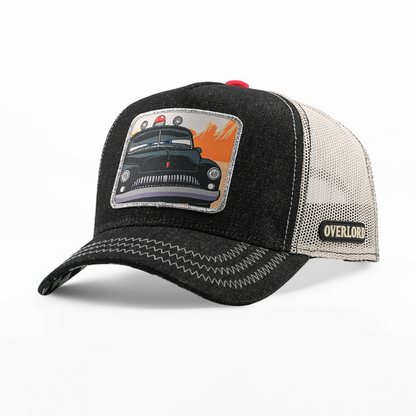 Black and beige trucker cap featuring Sheriff character patch from Pixar Cars movie by Overlord
