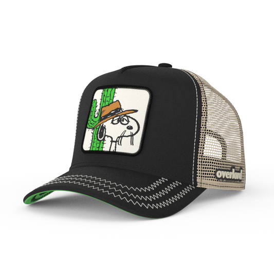 Black trucker cap with Snoopy cowboy patch and beige mesh back panel