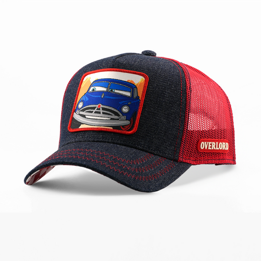 Overlord x Pixar Cars Doc Hudson trucker cap with embroidered patch and red mesh back