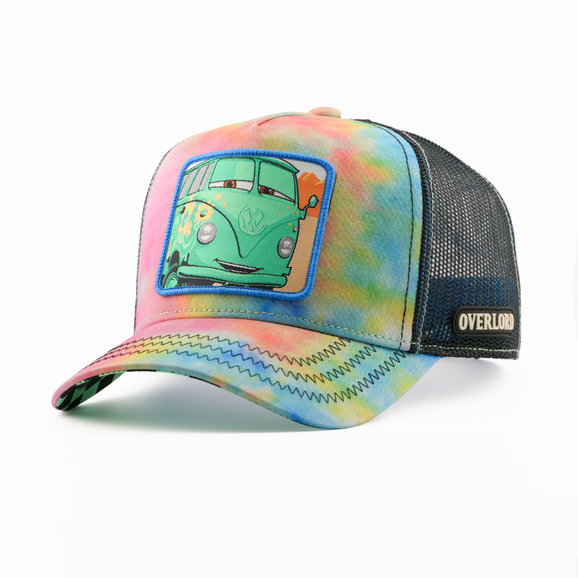 Overlord X Pixar Cars Fillmore trucker cap with embroidered patch on tie-dye front panel
