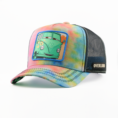 Overlord X Pixar Cars Fillmore trucker cap with embroidered patch on tie-dye front panel