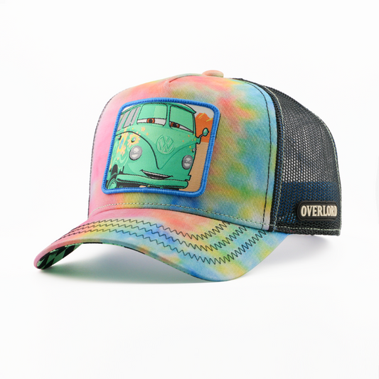 Overlord X Pixar Cars Fillmore trucker cap with embroidered patch on tie-dye front panel