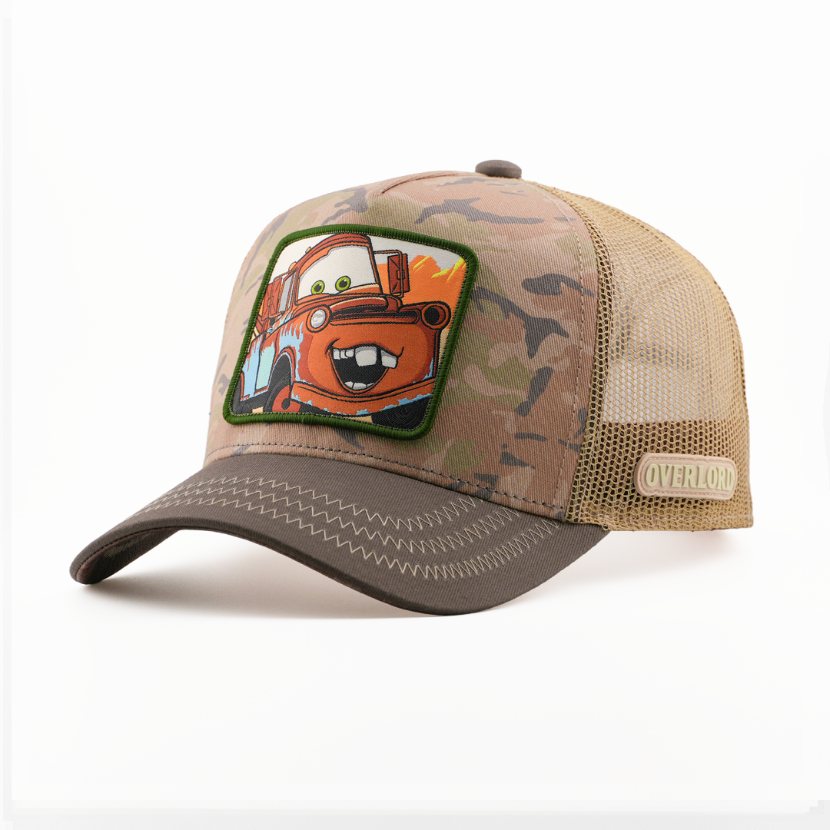 Camouflage trucker cap featuring Tow Mater patch from Pixar Cars, mesh back panel