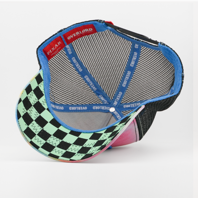 Interior underside view of snapback cap showing checkered brim and Pixar Overlord branding tags
