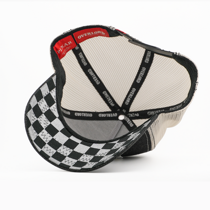 Interior view of Overlord x Pixar Cars Sheriff snapback cap showing checkered brim lining and mesh crown