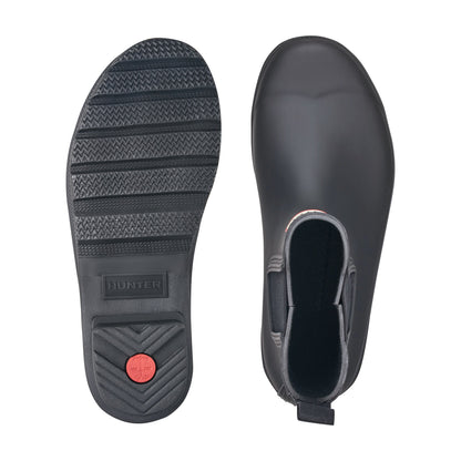 Hunter Chelsea rain bootie shown from above and sole view with elastic side panel