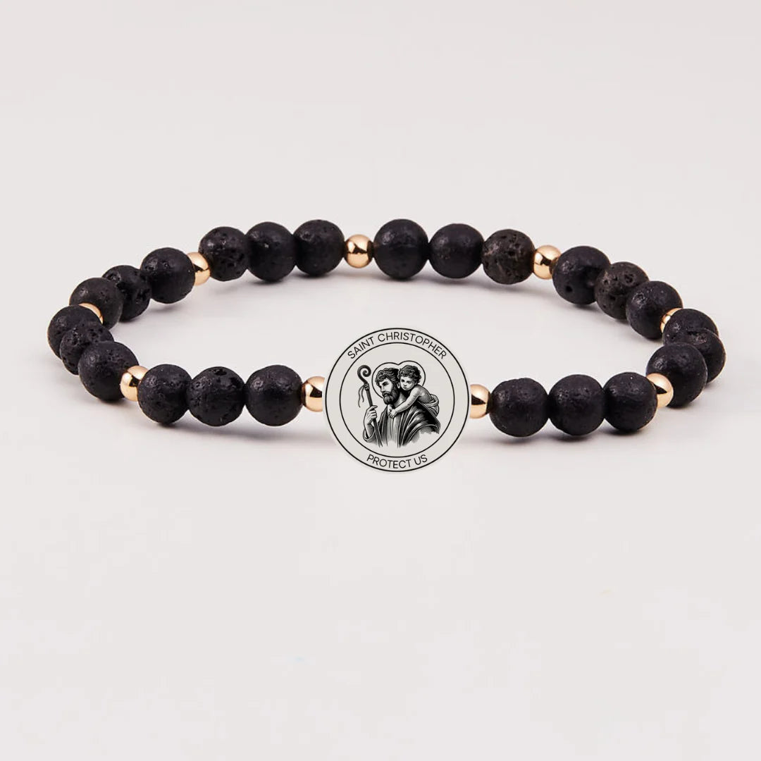 Holy Water Men's Saint Christopher - Lava Rock Gold Bracelet