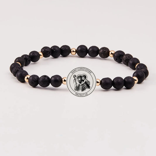 Holy Water Men's Saint Christopher - Lava Rock Gold Bracelet