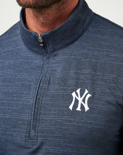 Travis Mathew quarter-zip pullover with NY Yankees logo embroidered on chest, detail view